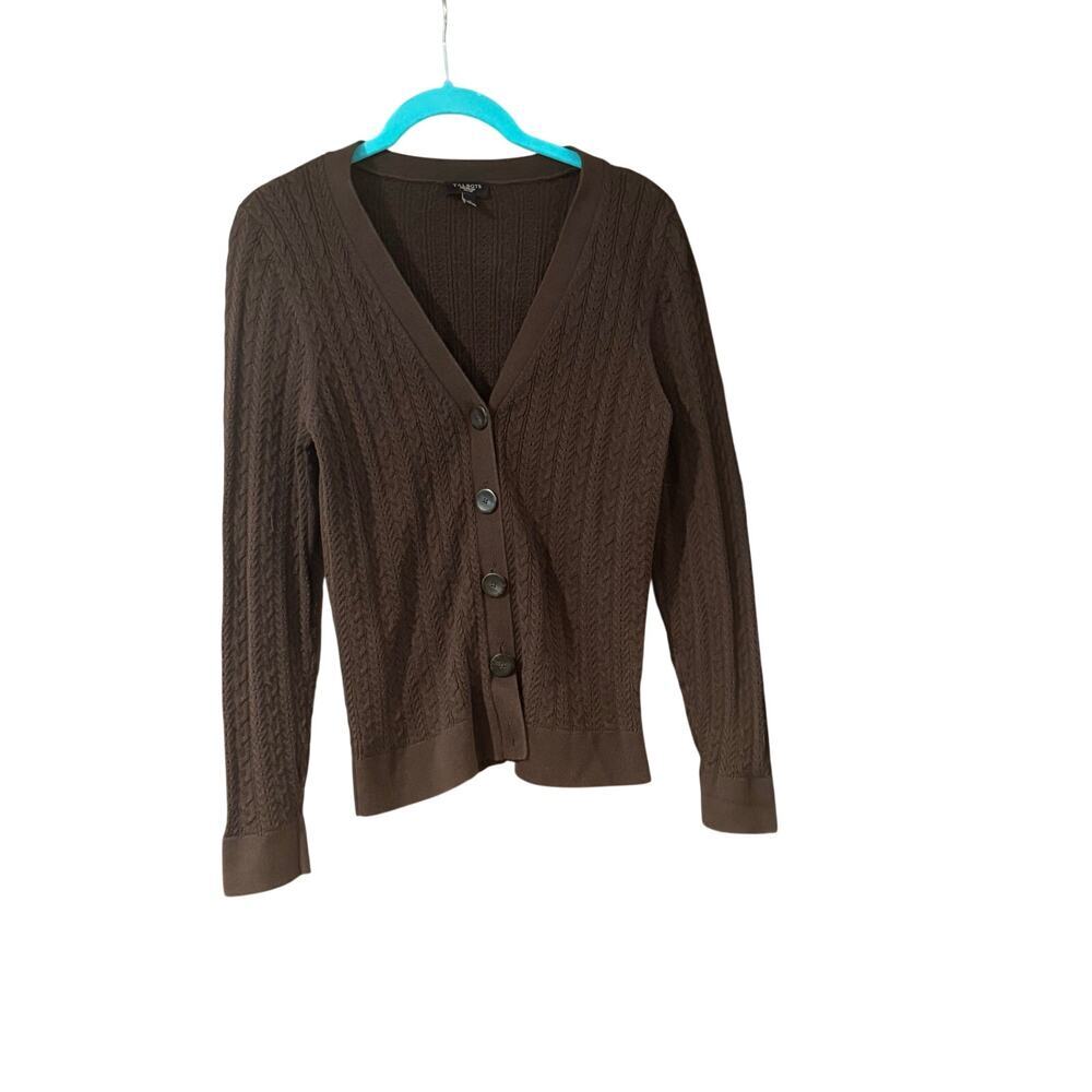 Talbots Petites Sweater Small PS Brown Cable Knit Cardigan Dark Academia Teacher
